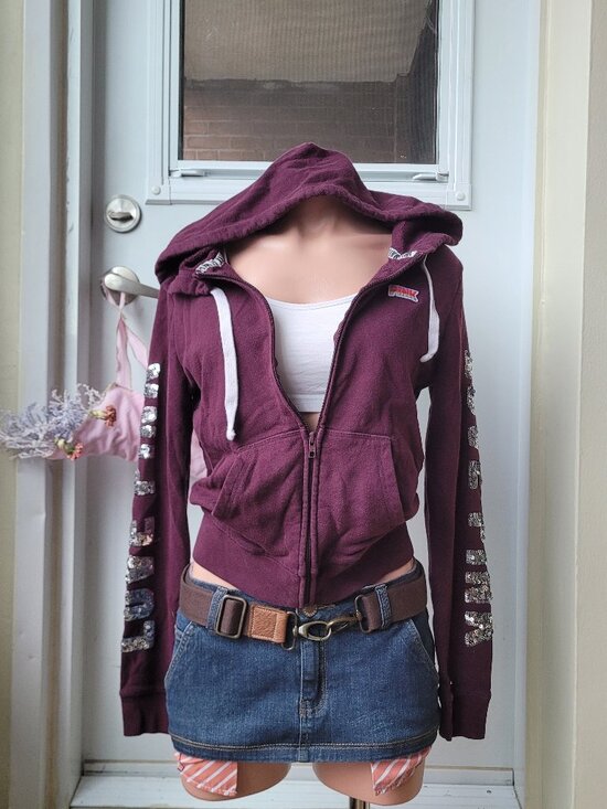 PINK Victoria's Secret Tops - Pink Burgundy Spangle Slim Crop Hoodie